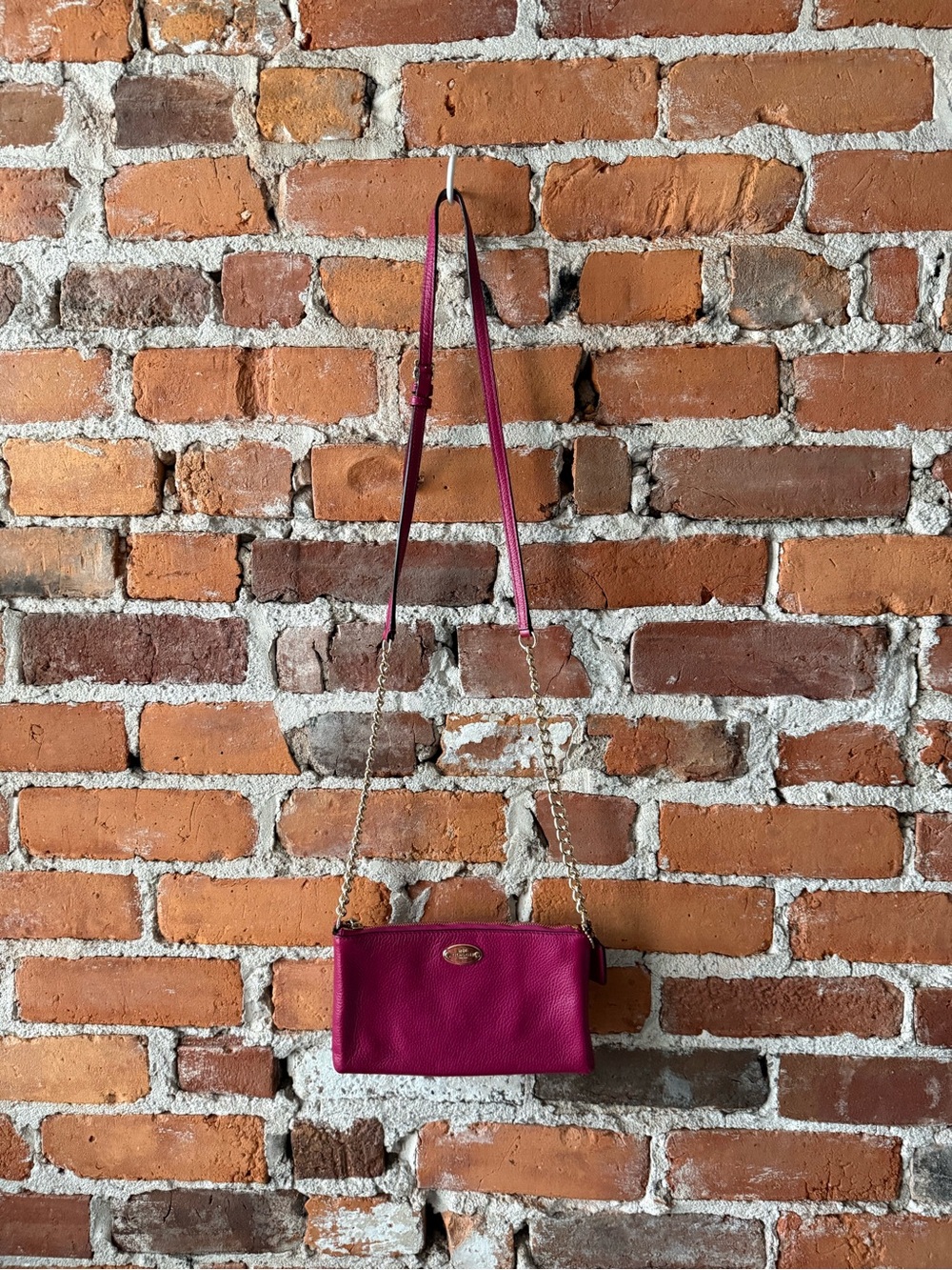 Coach Magenta Pebbled Leather Crossbody with Gold Chain